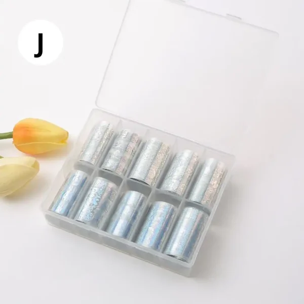 Coffret de papiers foils professionnels pour transfert sur ongles, diverses couleurs et effets miroirs, disponible chez Cosminty Réunion.