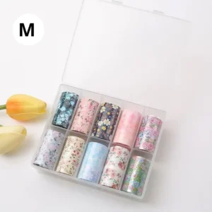 Coffret de papiers foils professionnels pour transfert sur ongles, diverses couleurs et effets miroirs, disponible chez Cosminty Réunion.