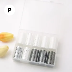 Coffret de papiers foils professionnels pour transfert sur ongles, diverses couleurs et effets miroirs, disponible chez Cosminty Réunion.