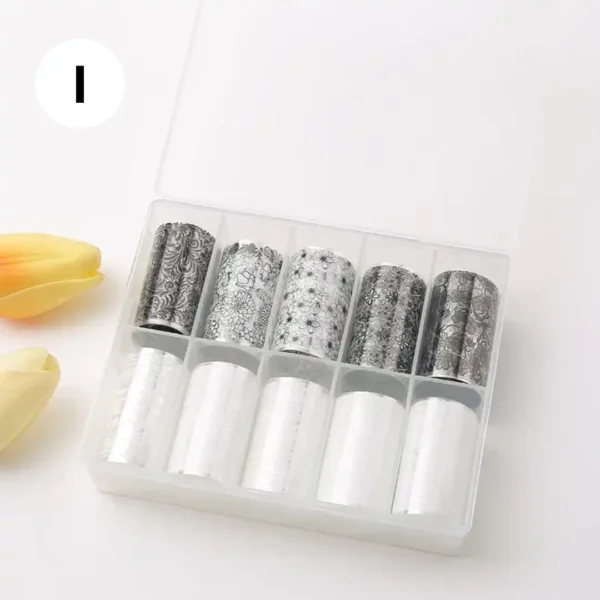 M-68_resultat Coffret de papiers foils professionnels pour transfert sur ongles, diverses couleurs et effets miroirs, disponible chez Cosminty Réunion.