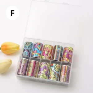 Coffret de papiers foils professionnels pour transfert sur ongles, diverses couleurs et effets miroirs, disponible chez Cosminty Réunion.