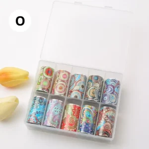 Coffret de papiers foils professionnels pour transfert sur ongles, diverses couleurs et effets miroirs, disponible chez Cosminty Réunion.