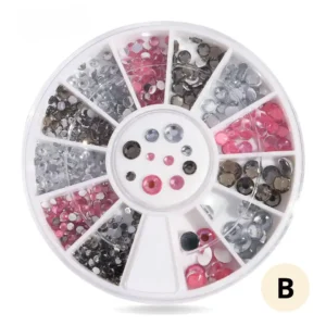 Roue de strass colorés pour ongles, 12 compartiments de cristaux brillants pour manucure créative.