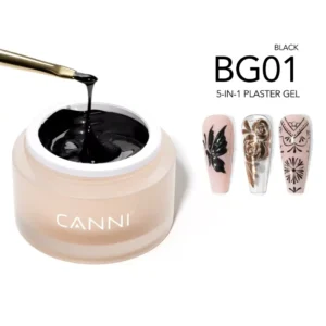 Pot de gel relief Nail Art 3D CANNI 5-in-1 Plaster Gel BG01 Black noir intense et démonstration de motifs fleur chrome et arabesque 3D sur ongles, Cosminty onglerie La Réunion 974.