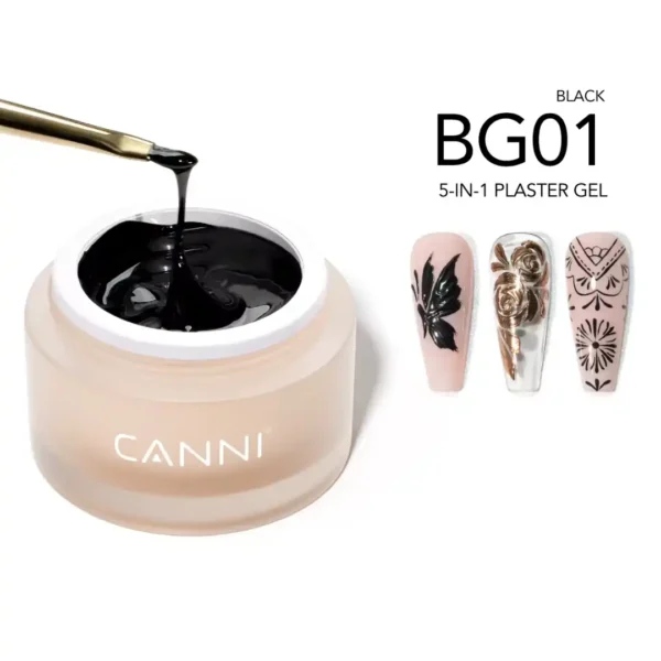Pot de gel relief Nail Art 3D CANNI 5-in-1 Plaster Gel BG01 Black noir intense et démonstration de motifs fleur chrome et arabesque 3D sur ongles, Cosminty onglerie La Réunion 974.