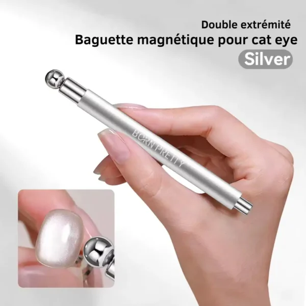 Bâtonnet magnétique double embout Born Pretty rose pour Nail Art Cat Eye, montrant un embout boule utilisé sur un ongle, Cosminty Réunion.