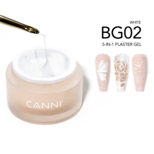 Pot de gel relief Nail Art 3D CANNI 5-in-1 Plaster Gel BG02 White blanc pur et démonstration de motifs papillon, rose chrome et dentelle 3D sur ongles, Cosminty onglerie La Réunion 974.