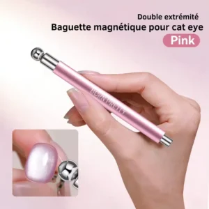 Bâtonnet magnétique double embout Born Pretty rose pour Nail Art Cat Eye, montrant un embout boule utilisé sur un ongle, Cosminty Réunion.