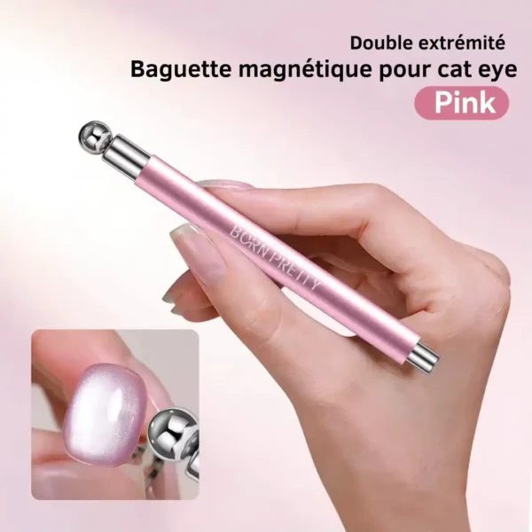 Bâtonnet magnétique double embout Born Pretty rose pour Nail Art Cat Eye, montrant un embout boule utilisé sur un ongle, Cosminty Réunion.