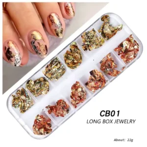 Boîtier rectangulaire à 12 compartiments de flocons d'or chromés en aluminium pour Nail Art référence CB01 Long Box Jewelry, avec modèle de manucure aux éclats métalliques dorés et cuivrés, Cosminty La Réunion.