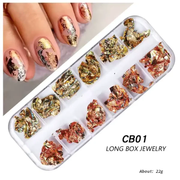 CB01_resultat Boîtier rectangulaire à 12 compartiments de flocons d'or chromés en aluminium pour Nail Art référence CB01 Long Box Jewelry, avec modèle de manucure aux éclats métalliques dorés et cuivrés, Cosminty La Réunion.