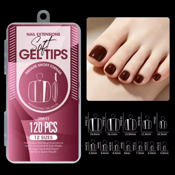 Capsules Pieds Short Square Toenail (x120) OM11_resultat Boîte professionnelle de 120 pièces de capsules américaines pieds Soft Gel de forme Short Square Toenail référence OM-11, avec tableau explicatif des 12 tailles millimétrées, Cosminty La Réunion.