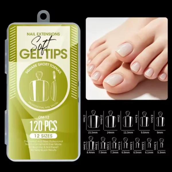 Boîte professionnelle de 120 pièces de capsules américaines pieds Soft Gel déclinées en 12 tailles avec indications millimétrées, modèle Short Square Toenail référence OM-12, marque Cosminty La Réunion.