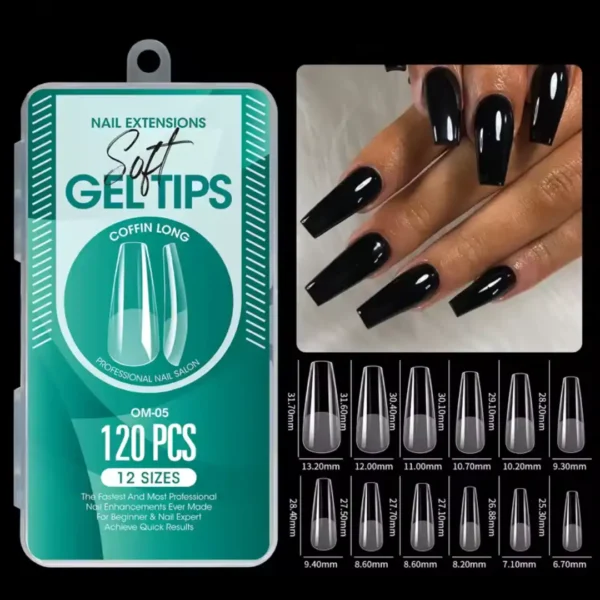 Boîte professionnelle de 120 pièces de capsules américaines mains Soft Gel de forme Long Coffin référence OM-05, avec tableau des 12 tailles millimétrées et visuel de manucure ballerine longue couleur noir laqué brillant, Cosminty La Réunion.