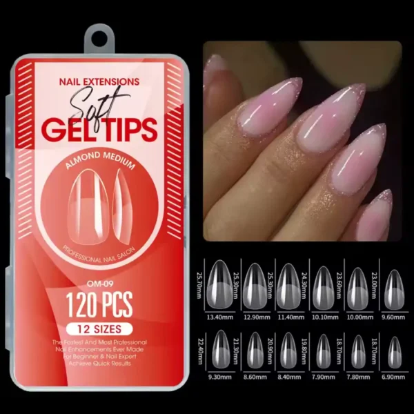 Capsules mains Medium Almond (x120) OM09_resultat Boîte professionnelle de 120 pièces de capsules américaines mains Soft Gel de forme Medium Almond référence OM-09, avec tableau explicatif des 12 tailles millimétrées et visuel de manucure amande rose avec pointes pailletées, Cosminty La Réunion.