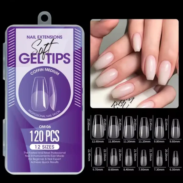 Capsules mains Medium Coffin (x120) OM06_resultat Boîte professionnelle de 120 pièces de capsules américaines mains Soft Gel de forme Medium Coffin référence OM-06, avec tableau des 12 tailles millimétrées et visuel de manucure ballerine couleur blanc laiteux milky, Cosminty La Réunion.