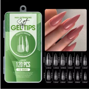 Boîte professionnelle de 120 pièces de capsules américaines mains Soft Gel de forme Medium Stiletto référence OM-04, avec tableau des 12 tailles millimétrées et visuel de manucure pointue couleur vieux rose nude brillant, Cosminty La Réunion.