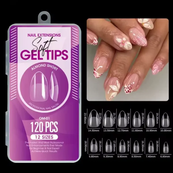 Capsules mains Short Almond (x120) OM01_resultat Boîte professionnelle violette de 120 pièces de capsules américaines mains Soft Gel de forme Short Almond référence OM-01, avec tableau des 12 tailles millimétrées et modèle de manucure amande courte avec Nail Art de fleurs blanches et détails roses, Cosminty La Réunion.