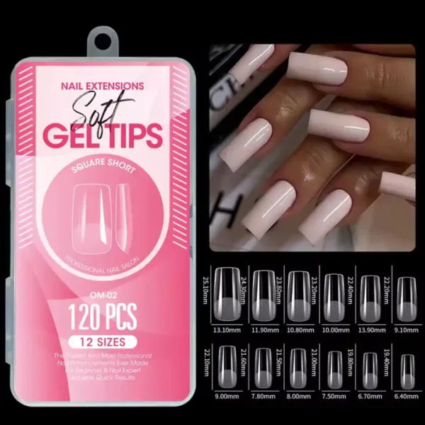 Boîte professionnelle rose de 120 pièces de capsules américaines mains Soft Gel de forme Short Square référence OM-02, avec tableau des 12 tailles millimétrées et modèle de manucure carrée courte couleur blanc laiteux nude, Cosminty La Réunion.
