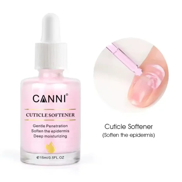 Cuticle Softener CANNI_resultat Flacon pipette de ramollisseur émollient de cuticules CANNI Cuticle Softener 15ml rose avec application sur le contour de l'ongle, Cosminty onglerie La Réunion 974.