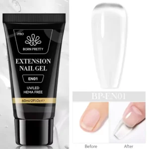 Tube de 60ml de Polygel Born Pretty Pro formule HEMA Free, avec visuel d'un ongle avant et après extension, Cosminty Réunion.