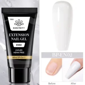 Tube de 60ml de Polygel Born Pretty Pro formule HEMA Free, avec visuel d'un ongle avant et après extension, Cosminty Réunion.