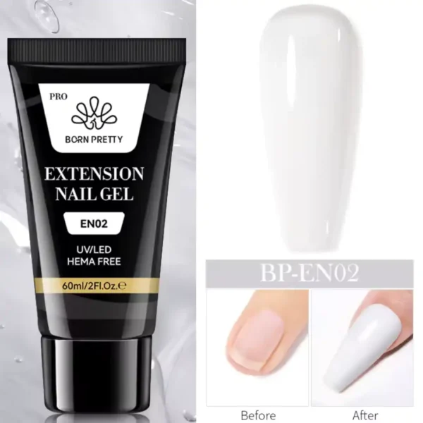 EN02_resultat Tube de 60ml de Polygel Born Pretty Pro formule HEMA Free, avec visuel d'un ongle avant et après extension, Cosminty Réunion.