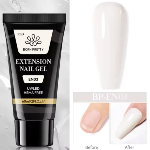 EN03_resultat Tube de 60ml de Polygel Born Pretty Pro formule HEMA Free, avec visuel d'un ongle avant et après extension, Cosminty Réunion.