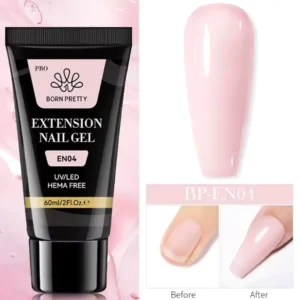 Tube de 60ml de Polygel Born Pretty Pro formule HEMA Free, avec visuel d'un ongle avant et après extension, Cosminty Réunion.