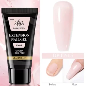 Tube de 60ml de Polygel Born Pretty Pro formule HEMA Free, avec visuel d'un ongle avant et après extension, Cosminty Réunion.