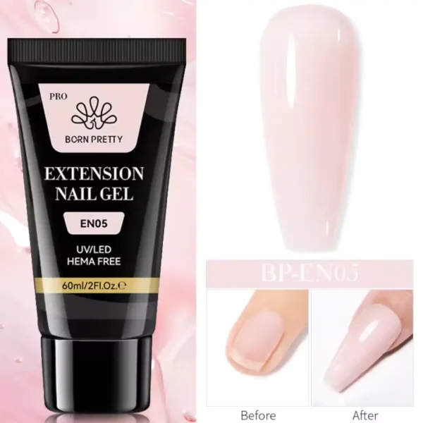 EN05_resultat Tube de 60ml de Polygel Born Pretty Pro formule HEMA Free, avec visuel d'un ongle avant et après extension, Cosminty Réunion.