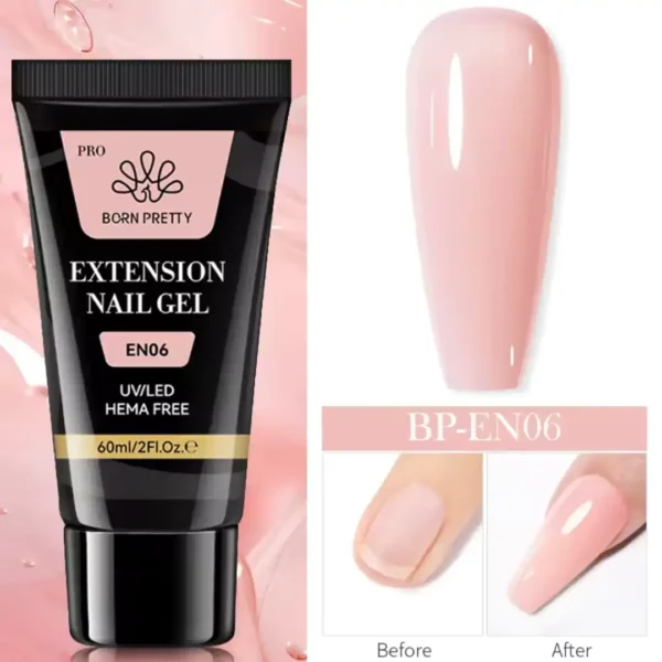 Tube de 60ml de Polygel Born Pretty Pro formule HEMA Free, avec visuel d'un ongle avant et après extension, Cosminty Réunion.