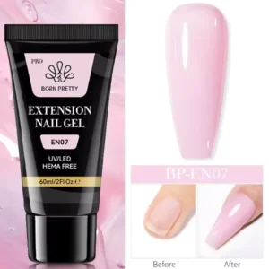 Tube de 60ml de Polygel Born Pretty Pro formule HEMA Free, avec visuel d'un ongle avant et après extension, Cosminty Réunion.