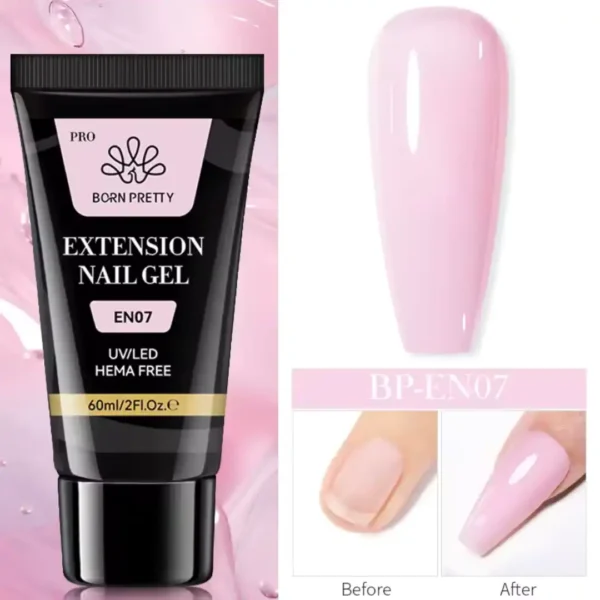 EN07_resultat Tube de 60ml de Polygel Born Pretty Pro formule HEMA Free, avec visuel d'un ongle avant et après extension, Cosminty Réunion.