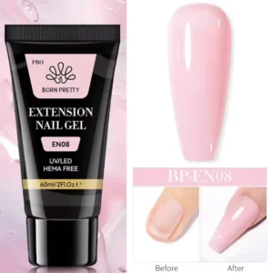Tube de 60ml de Polygel Born Pretty Pro formule HEMA Free, avec visuel d'un ongle avant et après extension, Cosminty Réunion.
