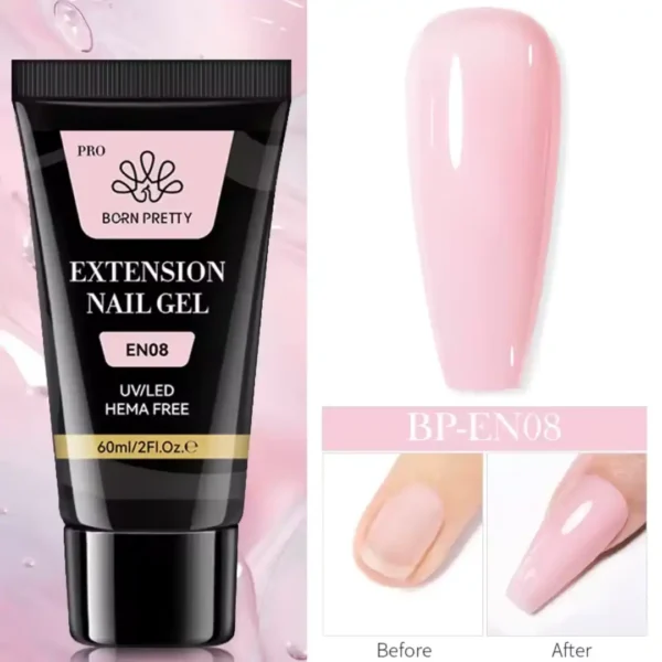 EN08_resultat Tube de 60ml de Polygel Born Pretty Pro formule HEMA Free, avec visuel d'un ongle avant et après extension, Cosminty Réunion.