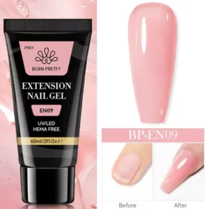 Tube de 60ml de Polygel Born Pretty Pro formule HEMA Free, avec visuel d'un ongle avant et après extension, Cosminty Réunion.