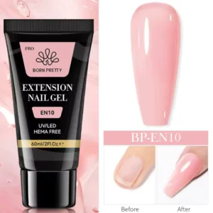 Tube de 60ml de Polygel Born Pretty Pro formule HEMA Free, avec visuel d'un ongle avant et après extension, Cosminty Réunion.