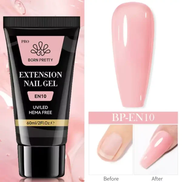 EN10_resultat Tube de 60ml de Polygel Born Pretty Pro formule HEMA Free, avec visuel d'un ongle avant et après extension, Cosminty Réunion.