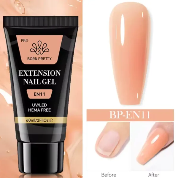 EN11_resultat Tube de 60ml de Polygel Born Pretty Pro formule HEMA Free, avec visuel d'un ongle avant et après extension, Cosminty Réunion.