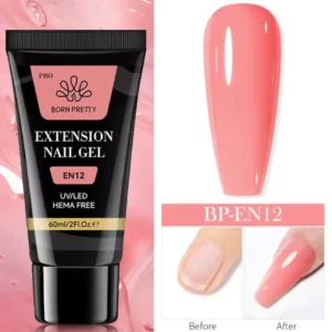 Tube de 60ml de Polygel Born Pretty Pro formule HEMA Free, avec visuel d'un ongle avant et après extension, Cosminty Réunion.