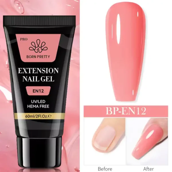 Tube de 60ml de Polygel Born Pretty Pro formule HEMA Free, avec visuel d'un ongle avant et après extension, Cosminty Réunion.