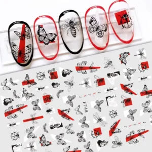 Planche de stickers Nail Art de style graphique minimaliste avec des motifs d'insectes, papillons, libellules et abeilles en noir et rouge référence F 748, présentée à côté de capsules d'ongles transparentes ornées de contours rouges et noirs, Cosminty La Réunion.