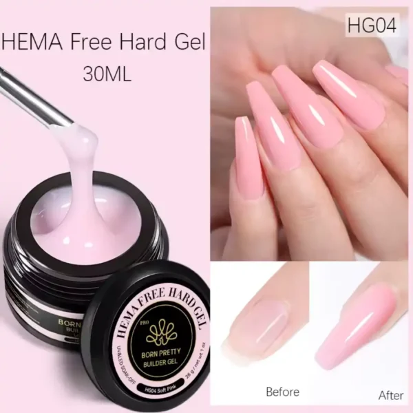 HG04_resultat Pot de Hard Gel (gel de construction) Born Pretty Pro 30ml formule HEMA Free, utilisé pour l'extension et le renforcement des ongles naturels, Cosminty Réunion