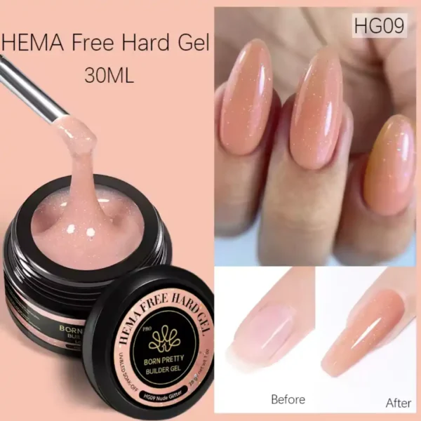 HG09_resultat Pot de Hard Gel (gel de construction) Born Pretty Pro 30ml formule HEMA Free, utilisé pour l'extension et le renforcement des ongles naturels, Cosminty Réunion