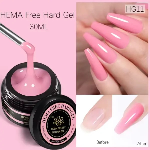 HG11_resultat Pot de Hard Gel (gel de construction) Born Pretty Pro 30ml formule HEMA Free, utilisé pour l'extension et le renforcement des ongles naturels, Cosminty Réunion
