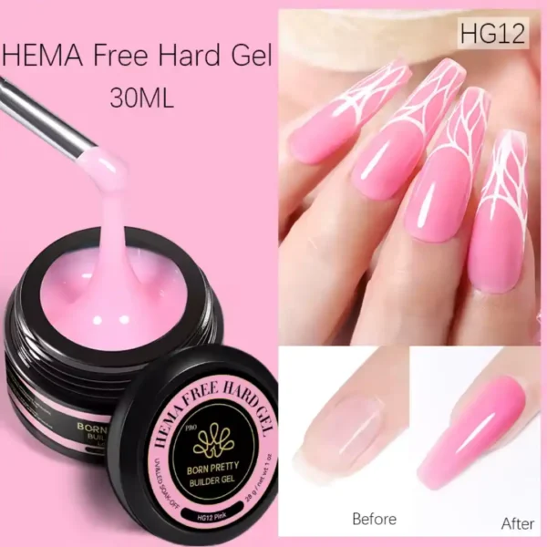 HG12_resultat Pot de Hard Gel (gel de construction) Born Pretty Pro 30ml formule HEMA Free, utilisé pour l'extension et le renforcement des ongles naturels, Cosminty Réunion