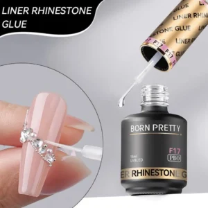 Flacon de colle gel strass Born Pretty Pro F17 Liner Rhinestone Glue 15ml avec pinceau liner de précision et démonstration de bijoux d'ongles scellés, Cosminty onglerie La Réunion.