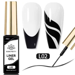 Flacon de Gel Liner Born Pretty Pro 10ml avec pinceau intégré ultra-fin, utilisé pour réaliser des tracés de haute précision sur ongles professionnels, Cosminty Réunion.