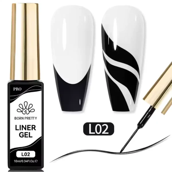 L02_resultat Flacon de Gel Liner Born Pretty Pro 10ml avec pinceau intégré ultra-fin, utilisé pour réaliser des tracés de haute précision sur ongles professionnels, Cosminty Réunion.